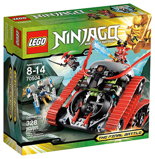LEGO Ninjago Garmatron set 70504 box with green and yellow packaging showing red and black vehicle.