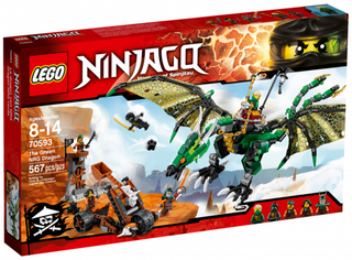 LEGO Ninjago set 70593 box featuring green dragon and ninja minifigures on red packaging.