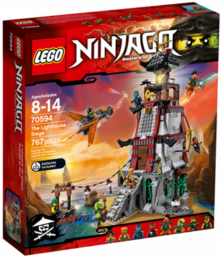 LEGO Ninjago "The Lighthouse Siege" set 70594 empty box with illustrated tower structure and minifigures on front.