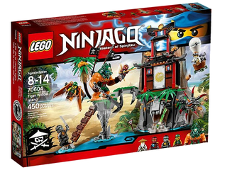 LEGO Ninjago 70604 Tiger Widow Island set box featuring tropical island scenery, minifigures, and building elements.