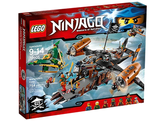 LEGO Ninjago set 70605 Misfortune's Keep box featuring pirate ship and aircraft on cloudy background.