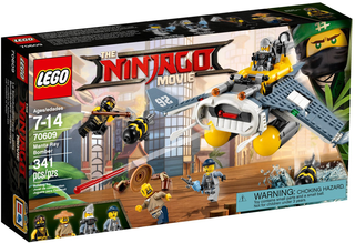 LEGO Ninjago Movie Manta Ray Bomber set box showing yellow and gray aircraft, minifigures, and building instructions.