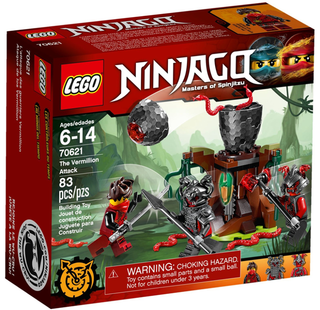 LEGO Ninjago 70621 The Vermillion Attack set box with red and brown packaging, showing minifigures and buildable structures.