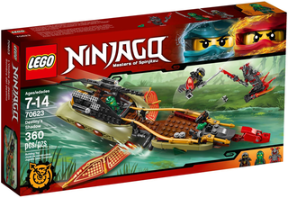 LEGO Ninjago Destiny's Shadow empty box featuring red and black design with ninja characters and vehicle imagery.
