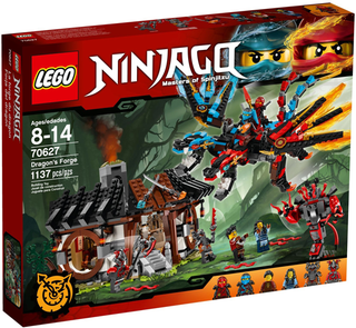 LEGO Ninjago Dragon's Forge set box featuring ninja characters and red dragon building model.