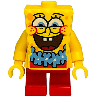 Yellow LEGO SpongeBob minifigure with blue lei, red pants, and smiling facial expression.