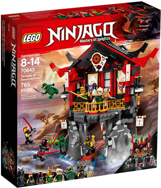 LEGO Ninjago Temple of Resurrection set box 70643, red and black building with minifigures.