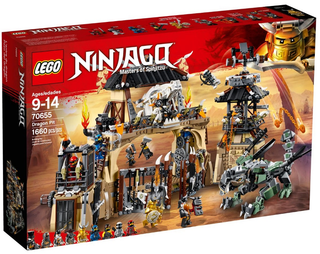 LEGO Ninjago Dragon Pit set 70655 empty box with product imagery and specifications printed on exterior.