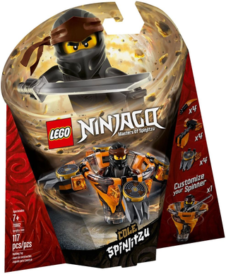 LEGO Ninjago Spinjitzu Cole set box featuring black ninja minifigure with sword and orange mechanical spinner vehicle.