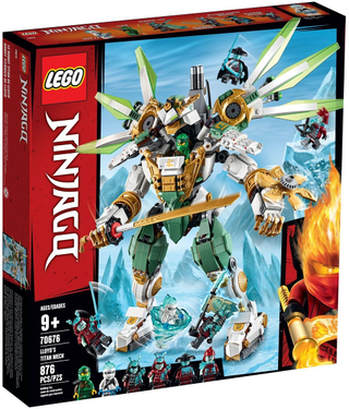 LEGO Ninjago Lloyd's Titan Mech box featuring gold and green mech with four propeller blades and minifigures.