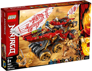 LEGO Ninjago Land Bounty set box 70677 with red and gold vehicle, minifigures, and desert background.