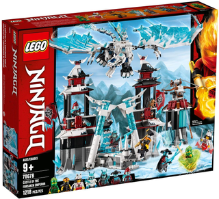 LEGO Ninjago Castle of the Forsaken Emperor set box with snow castle and minifigures displayed on front.