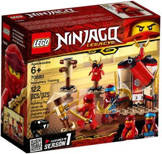 Empty LEGO Ninjago Legacy 70680 Monastery Training set box with red and yellow branding and ninja character illustrations.