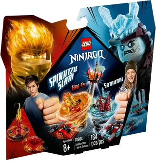 LEGO Ninjago Spinjitzu Slam set box featuring Kai with fire elements and Samurai with ice elements.