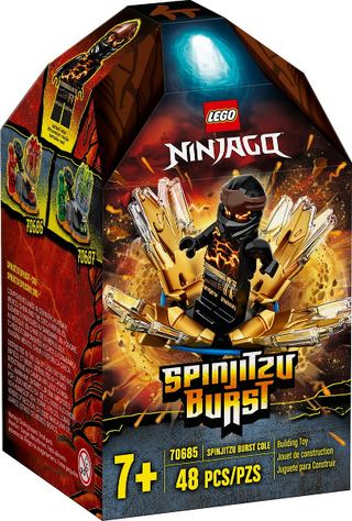 LEGO Ninjago Spinjitzu Burst Cole set box with ninja minifigure and golden spinning elements displayed on front.