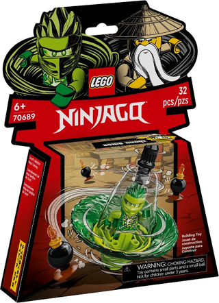 LEGO Ninjago 70689 Lloyd's Spinjitzu Ninja Training empty box with green ninja character and spinning toy visible through win