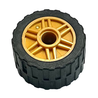 Wheel 18mm D. x 14mm with Pin Hole, Fake Bolts and Shallow Spokes with Black Tire 24 x 14 Shallow Tread, Band Around Center of Tread (55981 / 89201), Part# 55981c06 Part LEGO® Pearl Gold
