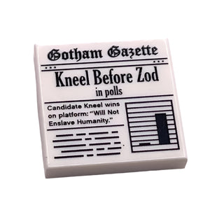Tile 2x2 with Newspaper 'Gotham Gazette Kneel Before Zod in Polls' Pattern, Part# 3068pb1138 Part LEGO® White