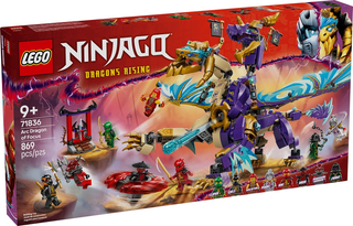 LEGO NINJAGO 71836 Arc Dragon of Focus empty box with product imagery and minifigure display.