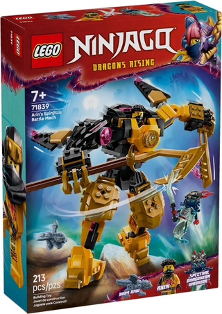 LEGO NINJAGO Dragons Rising 71839 Arin's Spinjitsu Battle Mech empty box with yellow and black mech illustration.