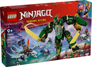 LEGO Ninjago Dragons Rising Lloyd's Jet Mech set box 71845 with green and yellow mech and minifigures displayed.