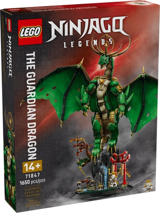 Red and black LEGO Ninjago Legends box featuring green dragon with warrior figure and building accessories.