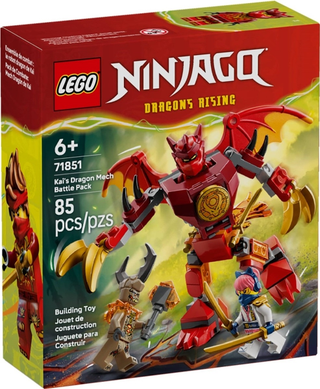 LEGO Ninjago Dragons Rising empty box featuring red dragon mech with yellow accents and minifigures.
