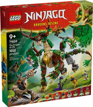 LEGO Ninjago Dragons Rising set 71859 box with large green dragon and minifigures.