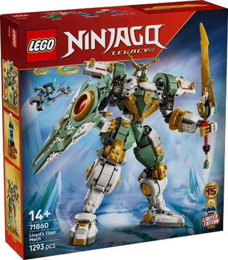 Red and dark blue LEGO Ninjago Legacy box featuring green, white, and gold mech figure with sword and smaller ninja character