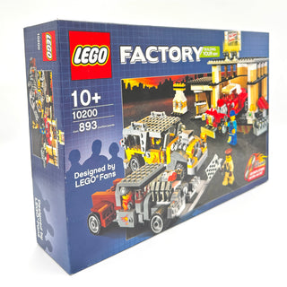LEGO Factory set 10200 box showing car garage with yellow building, minifigures, and vehicles.