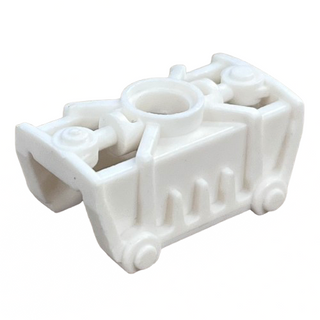 White plastic Bionicle armor piece with cylindrical socket and angular geometric design for leg assembly.