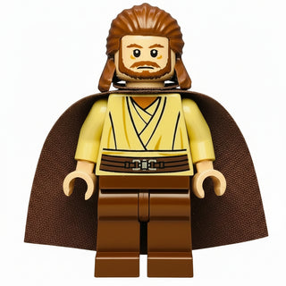 LEGO minifigure with light nougat head, brown hair, yellow tunic, reddish-brown legs and cape.