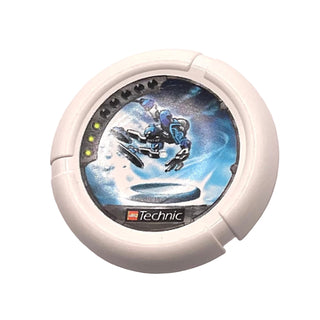 Throwing Disk with Throwbot Ski / Slizer Ice 3 Pips, Logo, and Robot Throwing Disk Pattern, Part# 32171pb014 Part LEGO® White