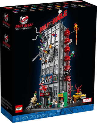 LEGO Daily Bugle building set box featuring Marvel characters and a tall newspaper building structure.
