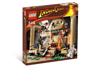 LEGO Indiana Jones set 7621 Lost Tomb empty box with illustrated scene and building instructions visible.