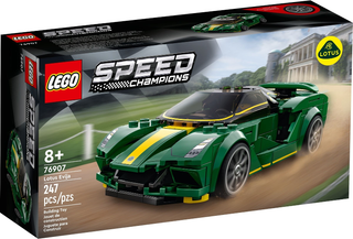 LEGO Speed Champions 76907 Lotus Evija box featuring green race car with yellow stripes and Lotus logo.