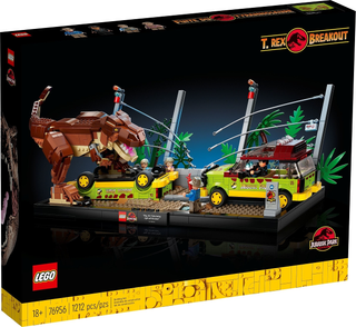 Black LEGO box for T. Rex Breakout set 76956 with product imagery showing dinosaur and yellow vehicles on front.