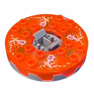 Ninjago Spinner Turntable 6 x 6 x 1 1/3 Round Base Serrated with Trans-Neon Orange Top and Fire Energy Pattern, Part# 98318c13pb01 Part LEGO® Flat Silver with Trans-Orange Plate Round Bottom Very Good