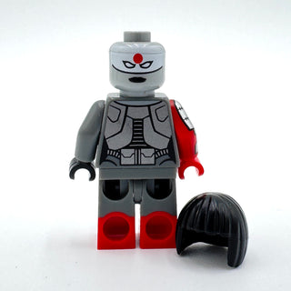 LEGO minifigure with gray and red armor, masked head with red dot, black hair piece, and black curved accessory.