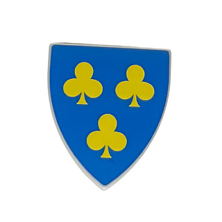 Minifigure, Shield Triangular Short with 3 Yellow Trefoils on Blue Background Pattern, Part# 3846pb061 Part LEGO® Light Bluish Gray Very Good