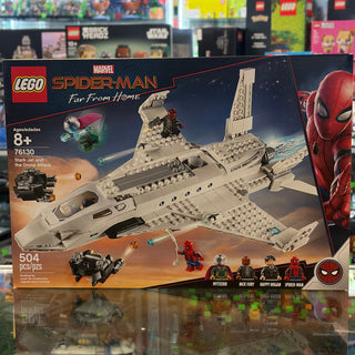 LEGO Marvel Spider-Man 76130 set box featuring a tan jet aircraft with minifigures and small drone components.