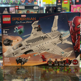 LEGO Marvel Spider-Man set 76130 with cream-colored jet aircraft, five minifigures, and black drone vehicle on display box.