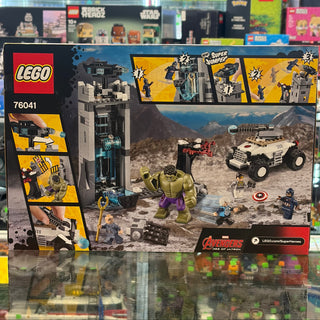 LEGO 76041 Marvel set box featuring a stone tower, Hulk minifigure, white all-terrain vehicle, and additional character minif