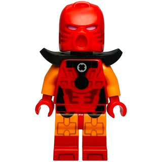 Red and orange LEGO minifigure with red helmet, black curved shoulder armor, orange chest plate with symbol, and red legs.