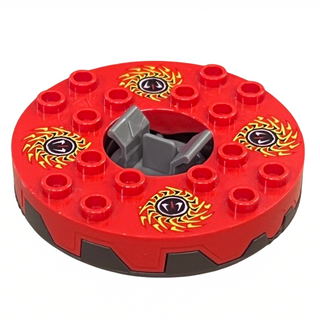 Ninjago Spinner Turntable 6 x 6 x 1 1/3 Round Base Serrated with Red Top and Red, White, Yellow and Black Fangpyre Pattern, Part# 98318c08pb01 Part LEGO® Pearl Dark Gray with Lime Plate Round Bottom Very Good
