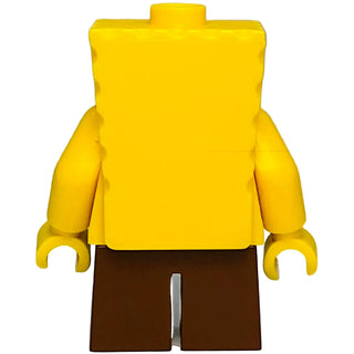 Yellow LEGO minifigure with large grin and black eyebrows, wearing yellow shirt and brown shorts.