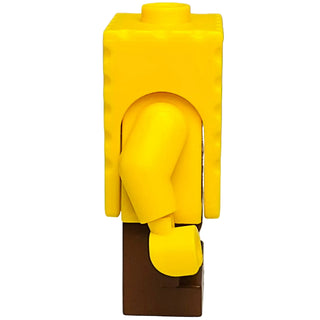 Yellow LEGO minifigure with square head, large grin, black eyebrows, and brown pants.