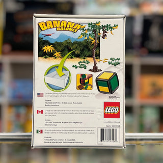 LEGO Banana Balance game set box showing jungle scene with buildable banana tree, seesaw game component, and LEGO pieces for 