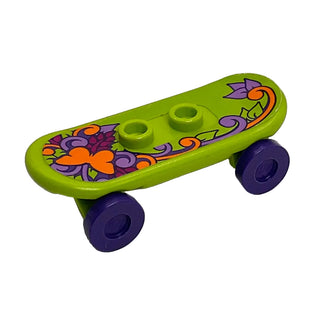 LEGO® Minifigure Utensil Skateboard Deck with Orange Butterfly, Medium Lavender Stems and Leaves Pattern (Sticker) with Dark Purple Wheels, Part# 42511c04pb15