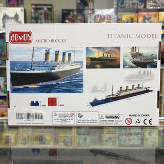 DOvOB Titanic micro blocks construction set box showing ship images and small colored brick pieces.